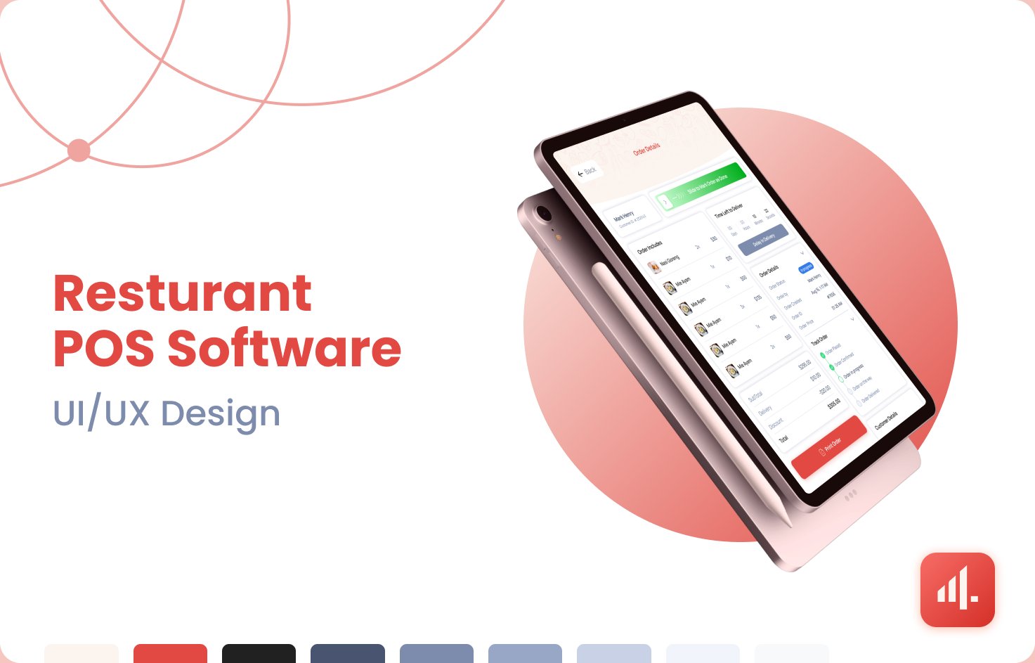 Restaurant POS Software UI/UX design cover, two tablets showing the order-details screen, with the product palette below.