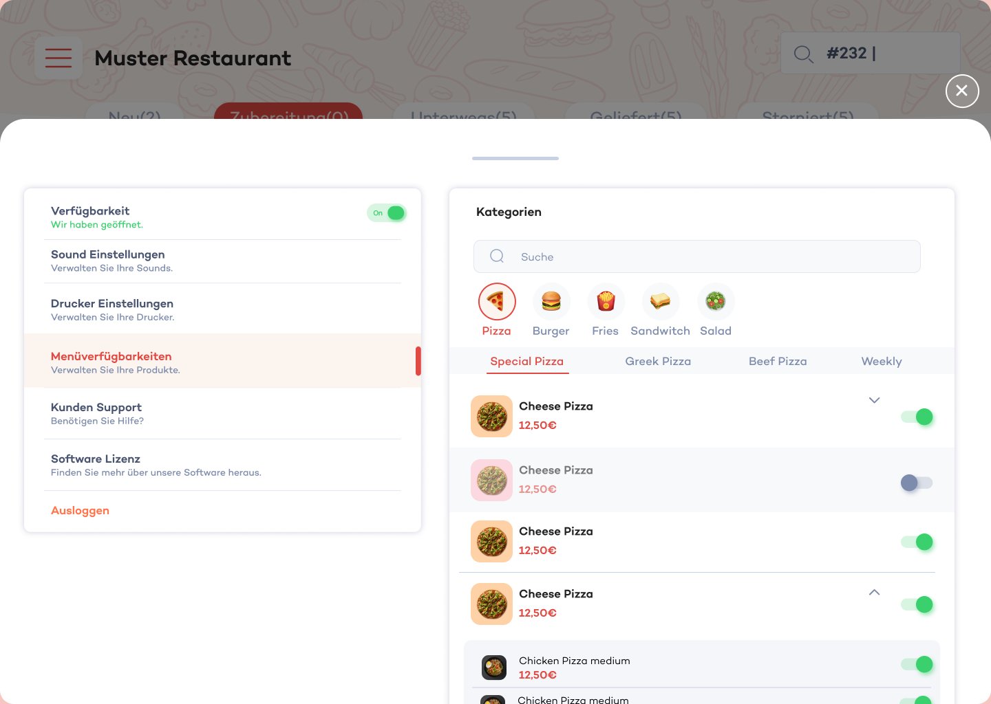 The menu-availability settings screen with category filters, product list, and per-item and per-variant availability toggles.