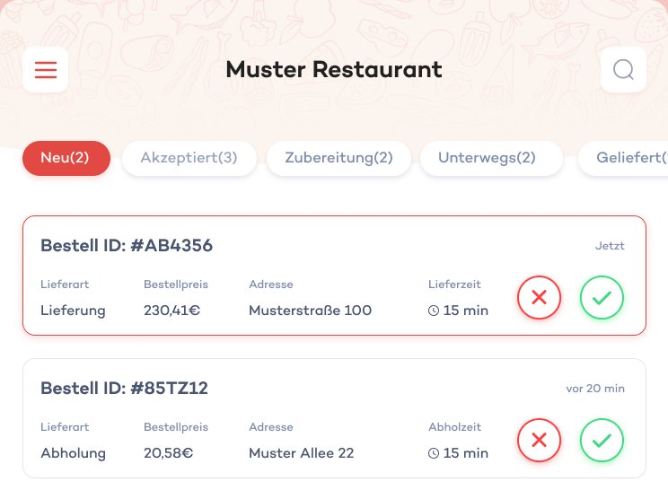 The order queue on a phone, showing new delivery and pickup orders with price, address, and delivery time, each with reject and accept buttons.
