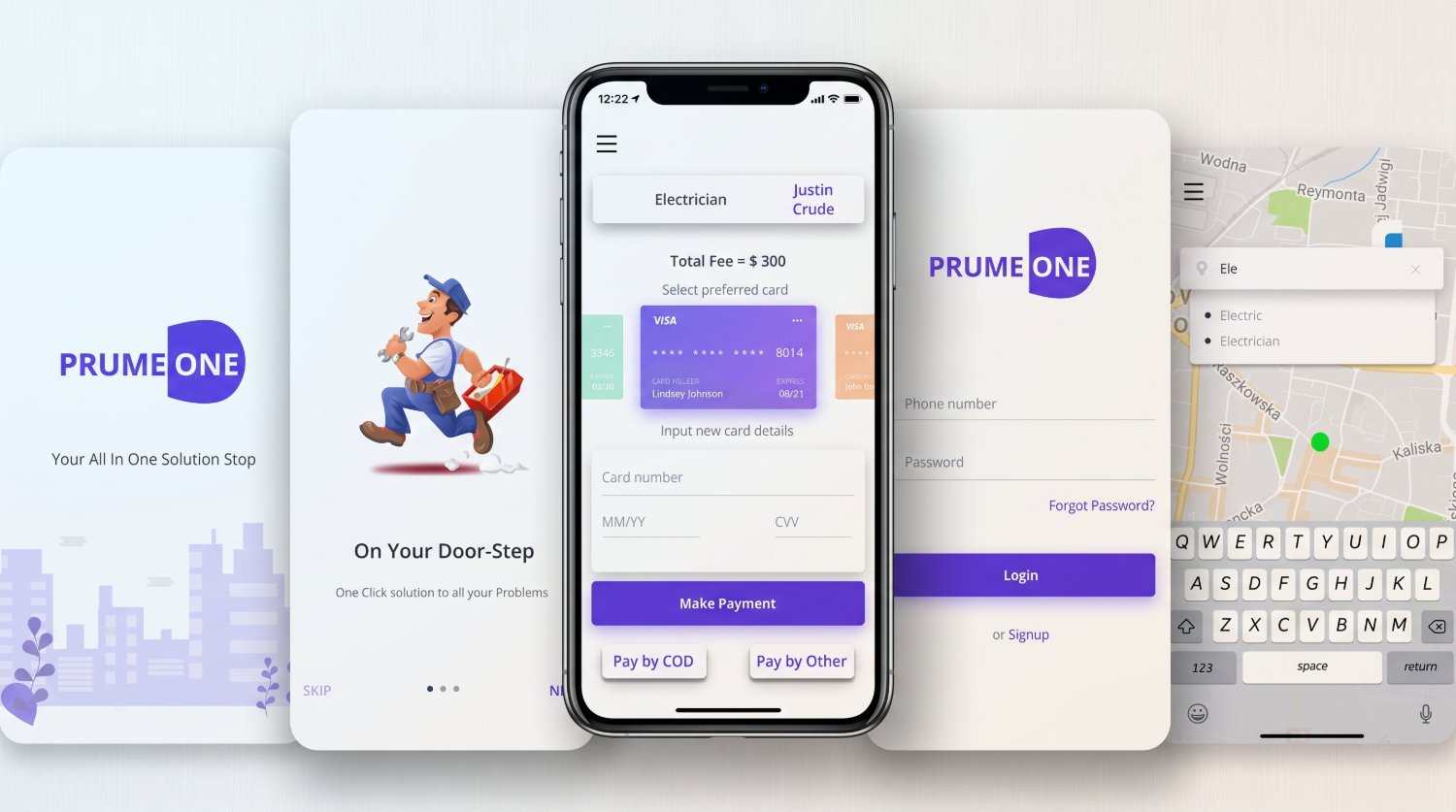 Prume One brand splash, the On Your Door-Step onboarding illustration, the payment screen with saved cards and Pay by COD, the login screen, and service search.
