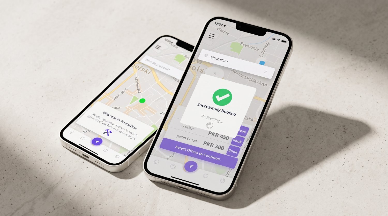 Two iPhones showing Prume One, the welcome map screen inviting the customer to enter a service, and a Successfully Booked confirmation over the list of provider offers.