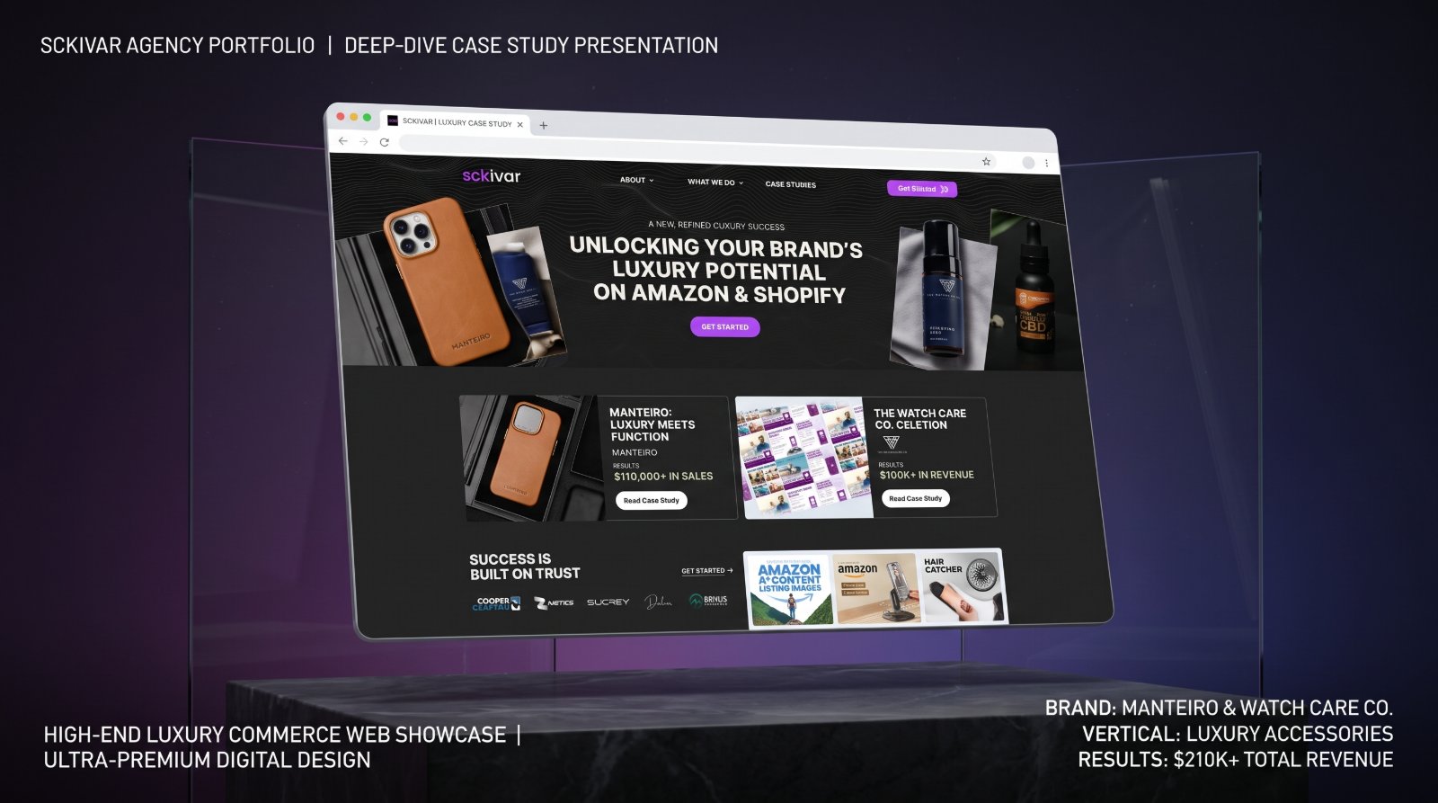 A browser window on a plinth in a dark violet studio showing the Sckivar homepage, the Unlocking Your Brand’s Luxury Potential hero, the Manteiro and Watch Care Co. case-study cards, and the client logo row.