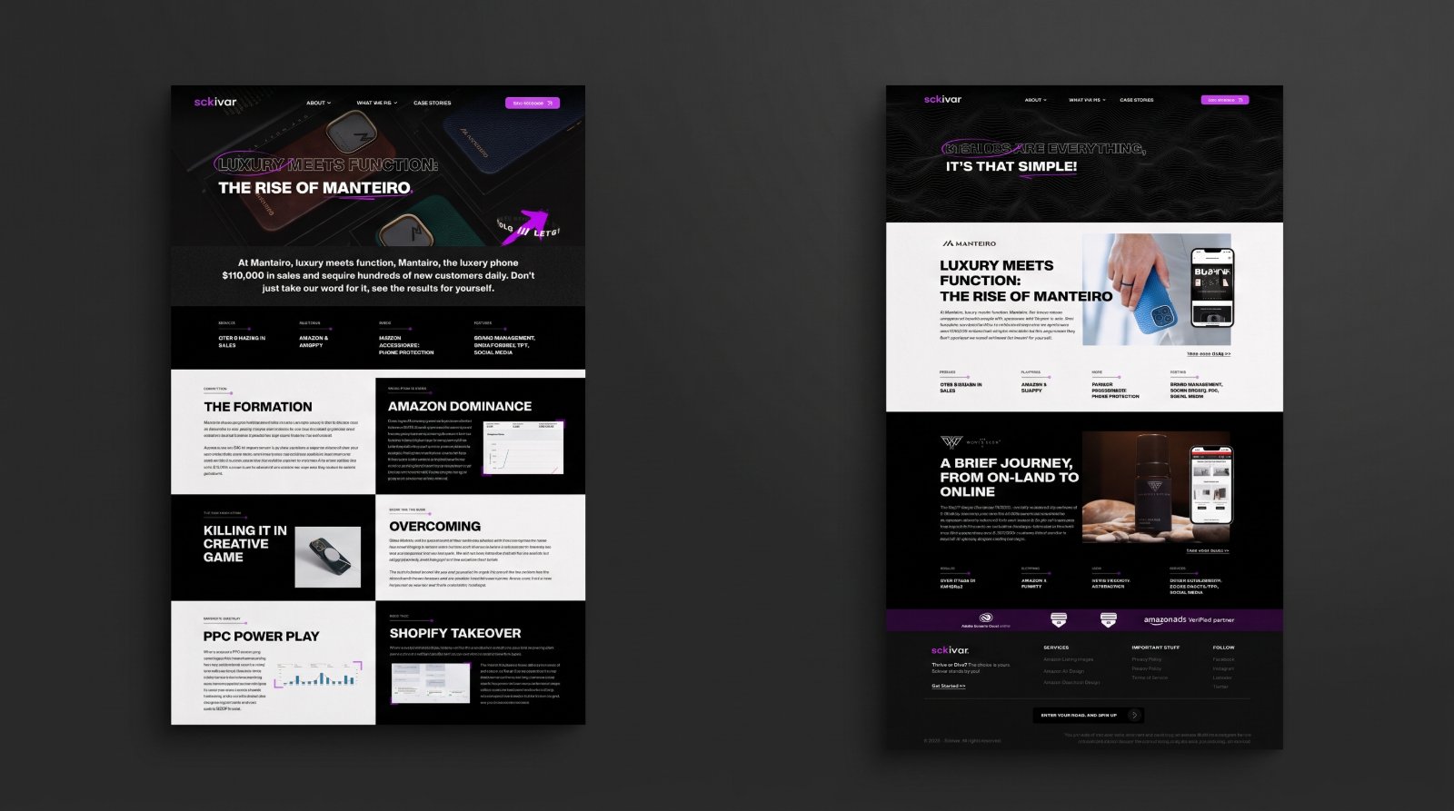 Two full Sckivar case-study pages laid flat on a dark background, The Rise of Manteiro with its formation, Amazon, creative and PPC sections, and the client-proof page with brand summaries and partner badges.