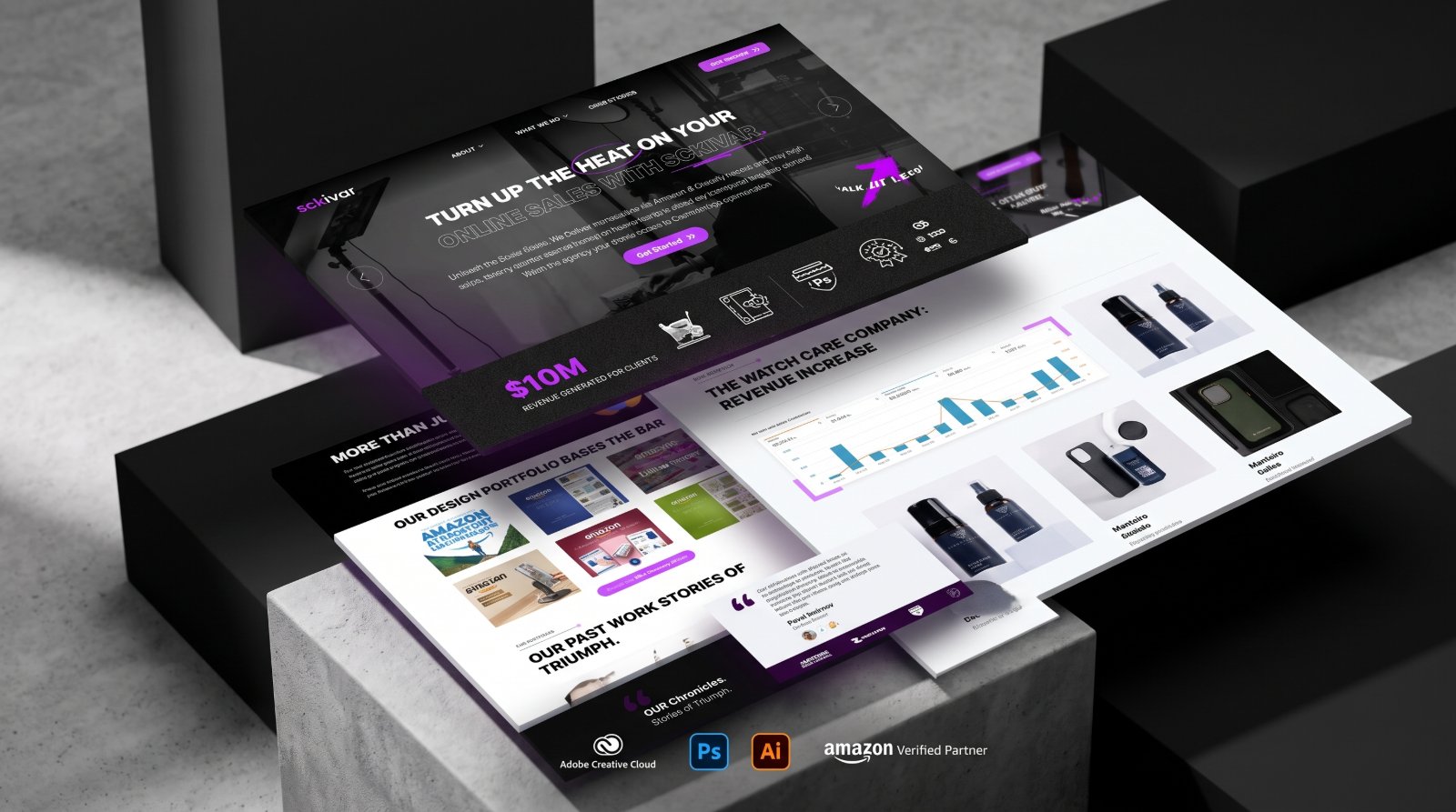 Angled 3D composition of Sckivar pages on concrete blocks, the Turn Up The Heat homepage, the revenue-generated banner, a client revenue chart, and the design-portfolio and testimonial sections.