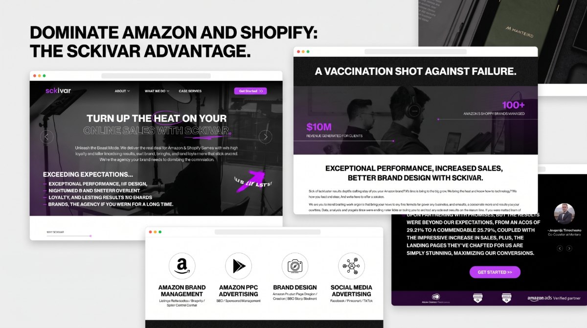 Sckivar homepage sections shown as browser windows, hero, results and statistics, service cards, and a client testimonial.