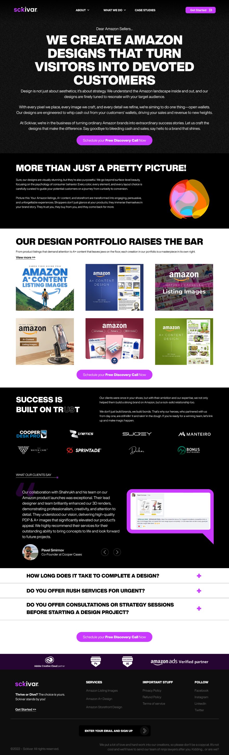 Sckivar homepage, from the headline through portfolio, client logos, testimonials, and FAQs.