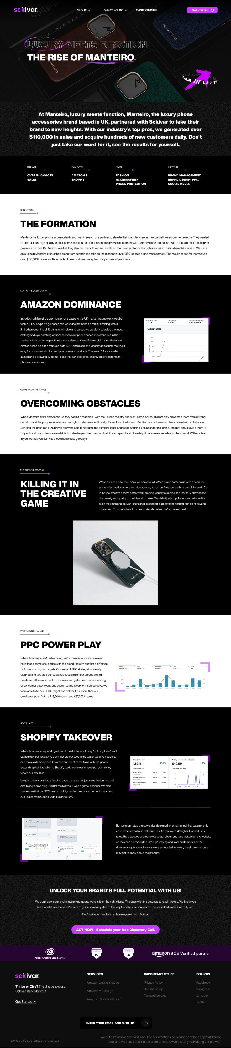 Manteiro case study page, staged from formation through Amazon, creative, PPC, and Shopify sections.
