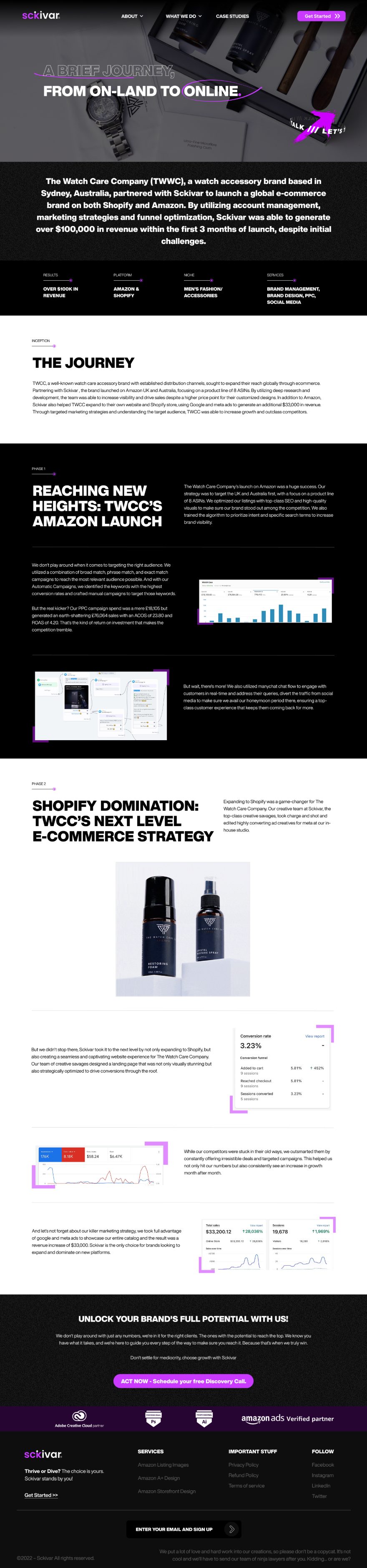 The Watch Care Company case study page, phased across Amazon launch and Shopify expansion.